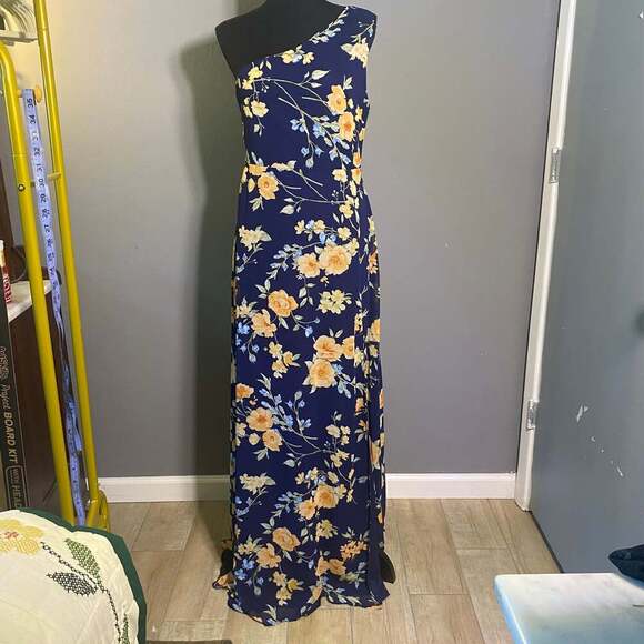 Lulus Elegant Admiration Navy Blue Floral One Shoulder Maxi Dress Formal M NWT - Picture 1 of 5